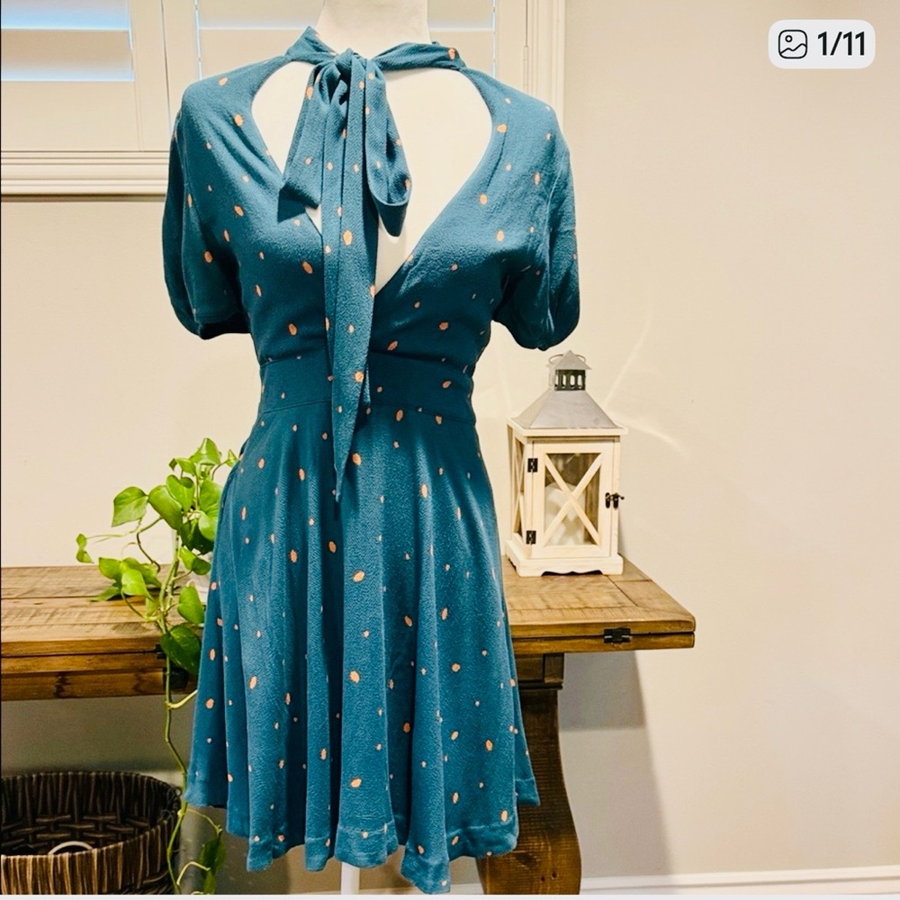 Free People Teal Dot Backless Fit-and-Flare Dress